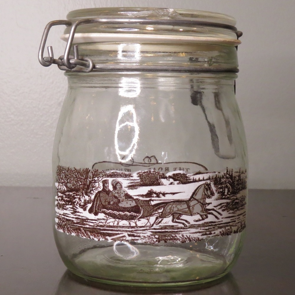 Vintage Carlton Glass Currier & Ives Jar Canister Antique Farmhouse Decor